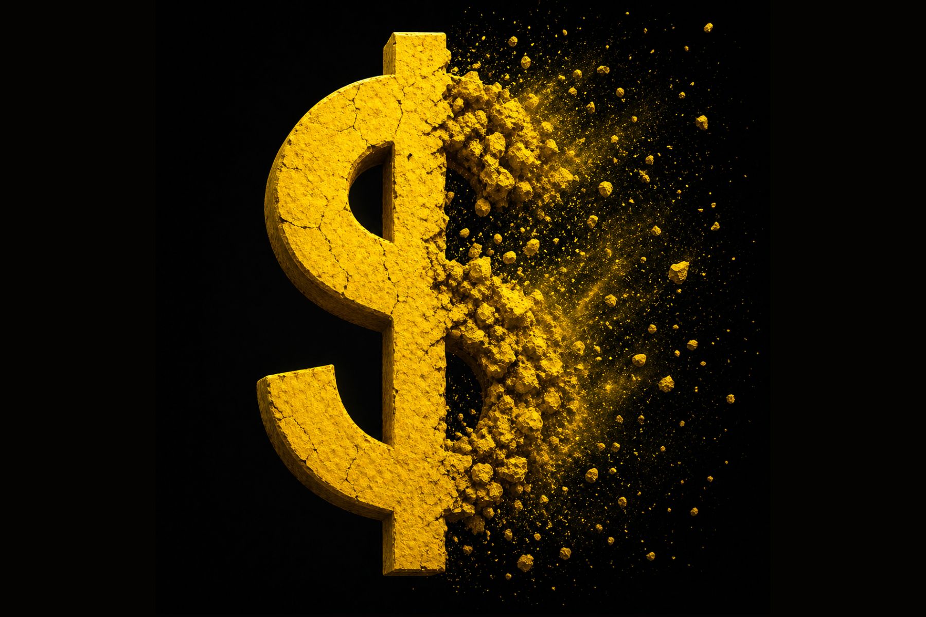 Cracked yellow percent symbol dissolving into yellow dust against a black background